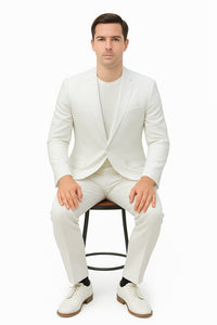 Mens Two Piece Linen Suit Relaxed Hybrid Fit No Collar