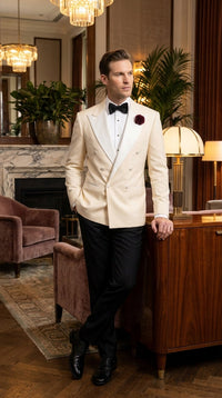 Men’s Ivory Double-Breasted Tuxedo Dinner Jacket – Cream Off-White Wedding, Prom and Black-Tie Blazer