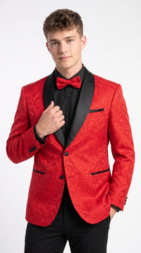 Men’s Red Paisley Jacquard Tuxedo Suit, Modern Fit Black Satin Shawl Lapel Prom Wedding Formal Suit
