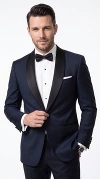 Men’s Daniel Craig James Bond Navy Blue Tuxedo Costume, 007 Inspired Black Satin Shawl Lapel Formal Wedding Suit
