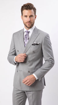 Men’s Light Grey Double Breasted Suit, Classic Fit Silver Gray Luxury Wedding Business Suit