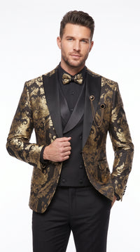 Men’s Black and Gold Floral Jacquard 3 Piece Suit, Modern Fit Tuxedo with Matching Bow Tie for Weddings and Prom