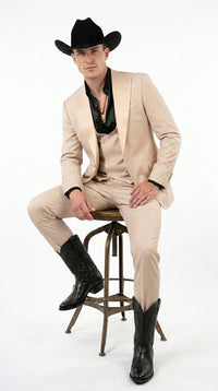 Mens Light Beige Western 3-Piece Suit – Cowboy Tuxedo with Shawl Lapel