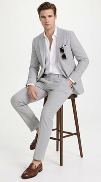 Men’s Navy Seersucker 2 Piece Summer Suit, Modern Fit Lightweight Wedding Dress Suit
