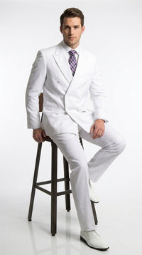 Men’s White Classic Double Breasted Poplin Suit, Formal Two Piece Wedding Dress Suit