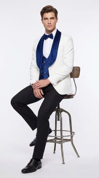 Marco Lorenzo Premium White Paisley 4 Piece Suit with Royal Blue Velvet Shawl Lapel and Matching Bow Tie