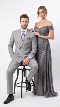 Men’s Light Grey Double Breasted Suit, Classic Fit Silver Gray Luxury Wedding Business Suit