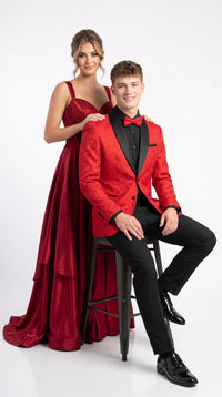 Men’s Red Paisley Jacquard Tuxedo Suit, Modern Fit Black Satin Shawl Lapel Prom Wedding Formal Suit