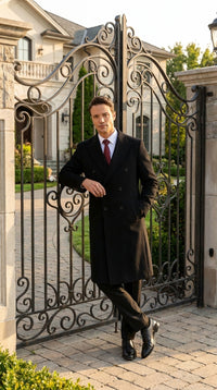 Men’s Black Full Length Double Breasted Wool Overcoat, Formal Winter Topcoat