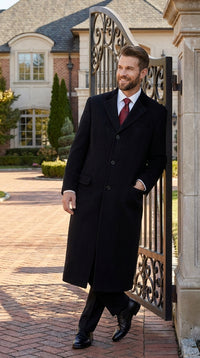 Men’s Black Chesterfield Overcoat, Full Length Wool and Cashmere Dress Coat