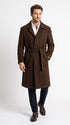 Men’s Dark Brown 100% Wool Gabardine Duster Overcoat, Classic Belted Long Winter Dress Coat