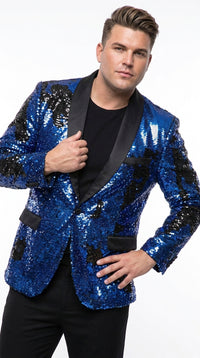 Men’s Royal Blue and Black Reversible Sequin Blazer, 1 Button Shiny Formal Party Jacket