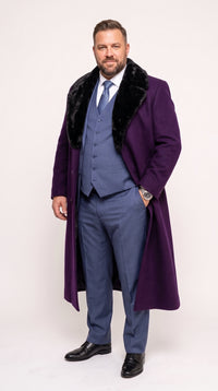 Men’s Purple Wool Overcoat, Long Winter Dress Topcoat with Black Fur Collar for Formal and Business Wear