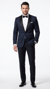 Men’s Daniel Craig James Bond Navy Blue Tuxedo Costume, 007 Inspired Black Satin Shawl Lapel Formal Wedding Suit