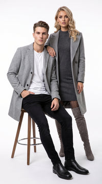 Men’s Light Grey Fitted Wool Peacoat – Modern Slim Cut Single-Breasted Coat