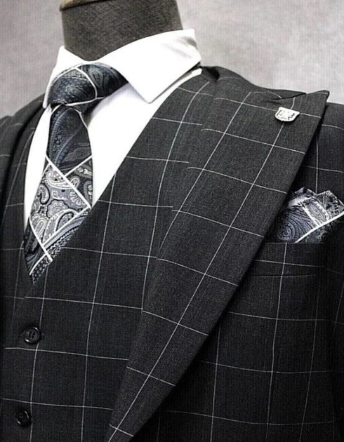 Mens Two Button Peak Lapel Plaid Pattern Suit Charcoal ~ White