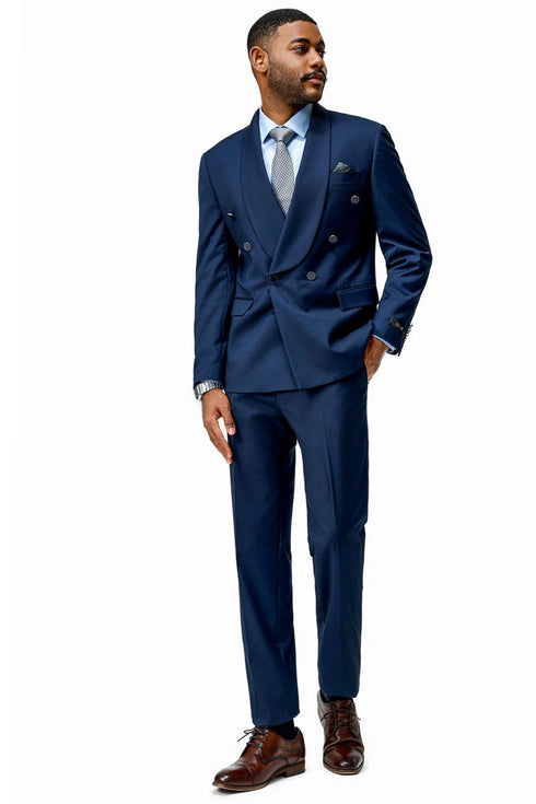 Mens Modern Fit Double Breasted Shawl Lapel Suit in Navy