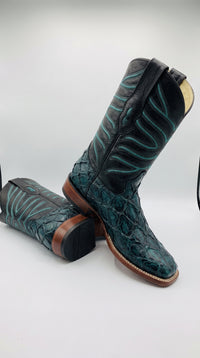 Men’s Rustic Turquoise Pirarucu Exotic Leather Cowboy Boots – Western Square Toe Fish Boots