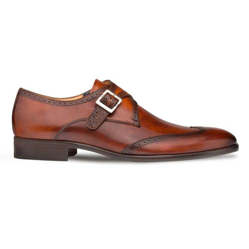 Mezlan Forest Cognac Calfskin Leather Men’s Modern Wing Tip Monk Strap