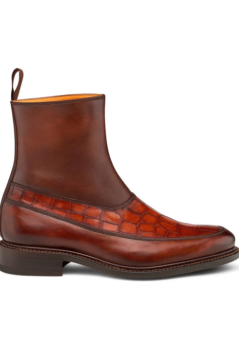 Musico Dark Cognac/Chocolate Calfskin with Contrast-Braided Sole Dress Zip Boots By Mezlan Made In Spain Brand