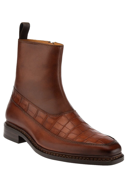Musico Dark Cognac/Chocolate Calfskin with Contrast-Braided Sole Dress Zip Boots By Mezlan Made In Spain Brand