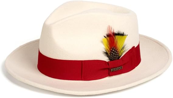 Gangster 100% Austrailian Wool Crushable Mens Fedora Hat - Removable Feather Gangster White and Red Mens Fedora Hat