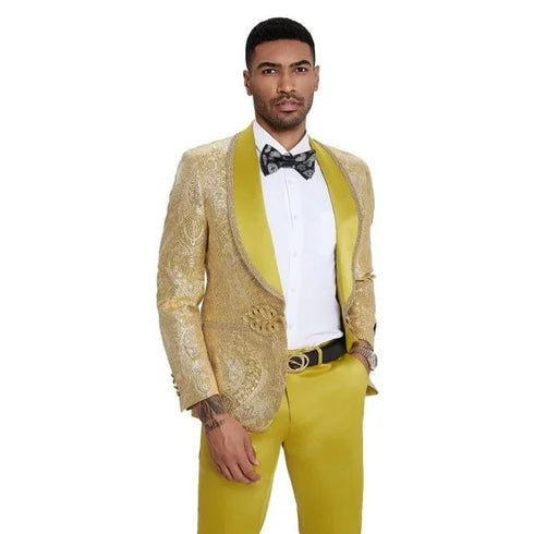 2025 Prom Special Mustard Paisley 2pc Mens Suit by Tazzio