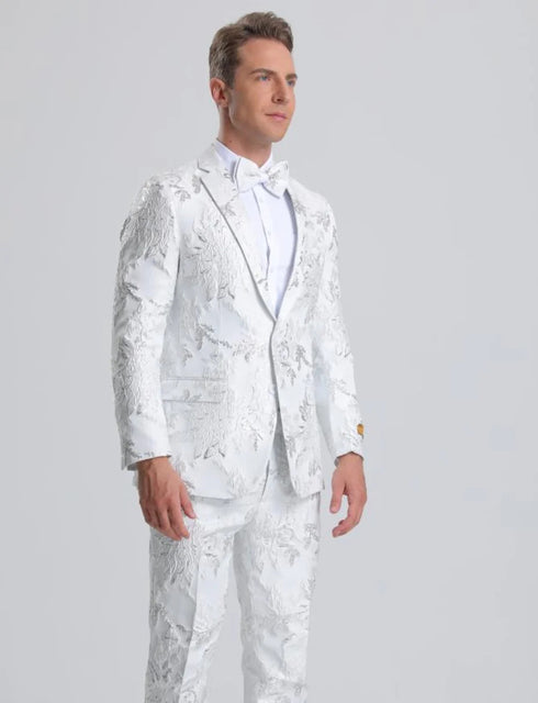 Men's White & Silver Floral Paisley Prom Tuxedo