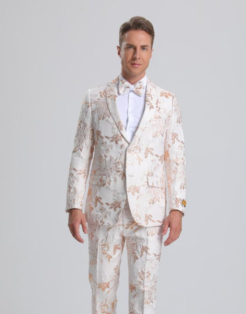 Men's White & Peach Floral Paisley Prom Tuxedo Peach Prom Tuxedos