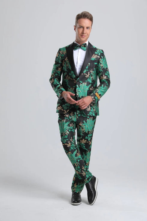 Men's Green & Black Floral Paisley Prom Tuxedo