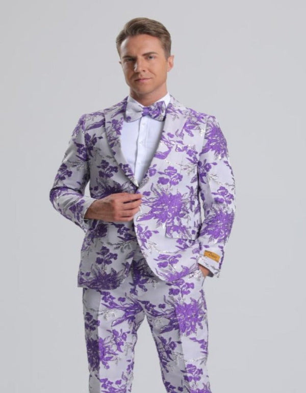 Men's Purple, White & Silver Floral Paisley Prom Tuxedo Lavender Prom Tuxedos