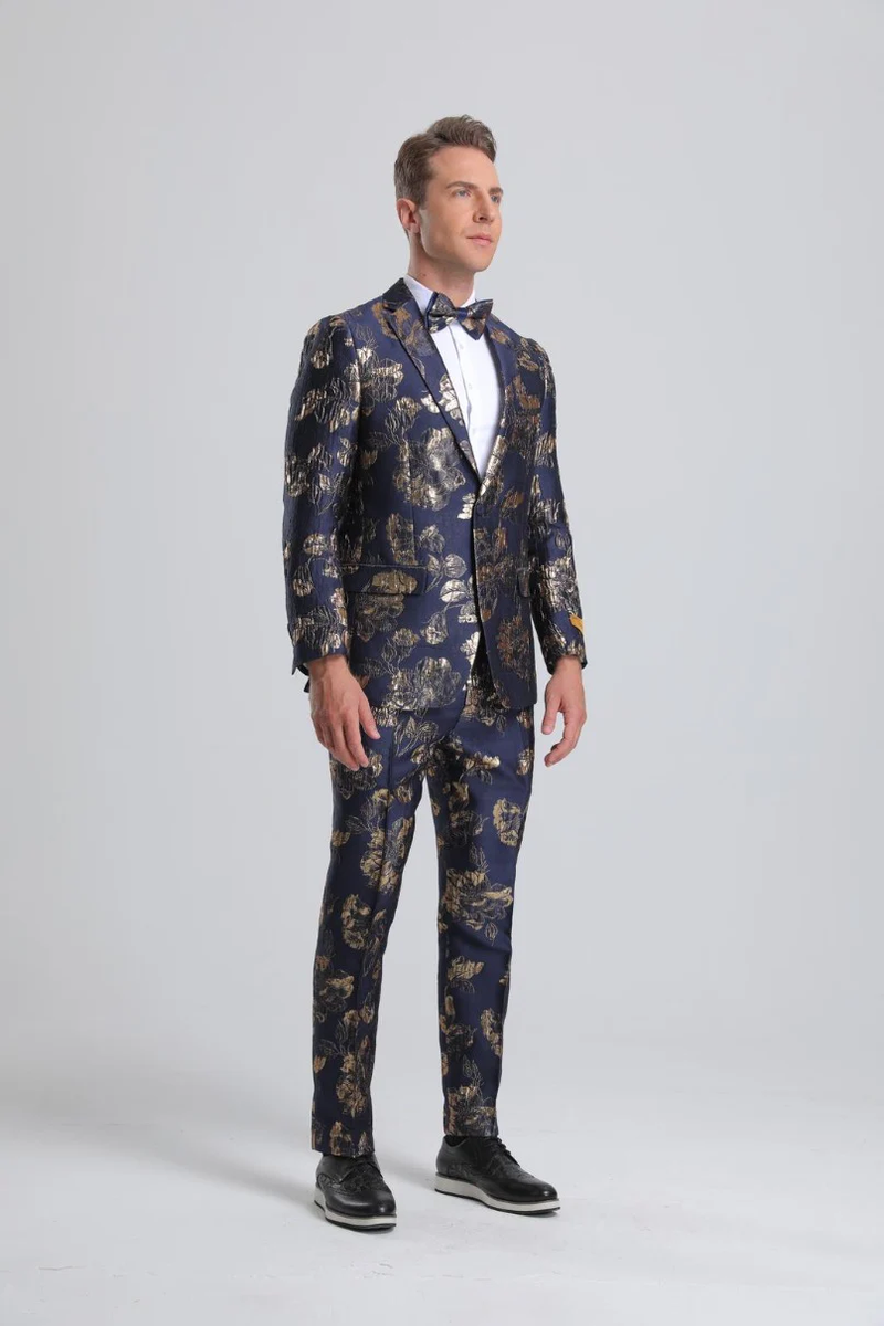 Men's Navy & Gold Floral Paisley Prom Tuxedo – OvercoatUSA