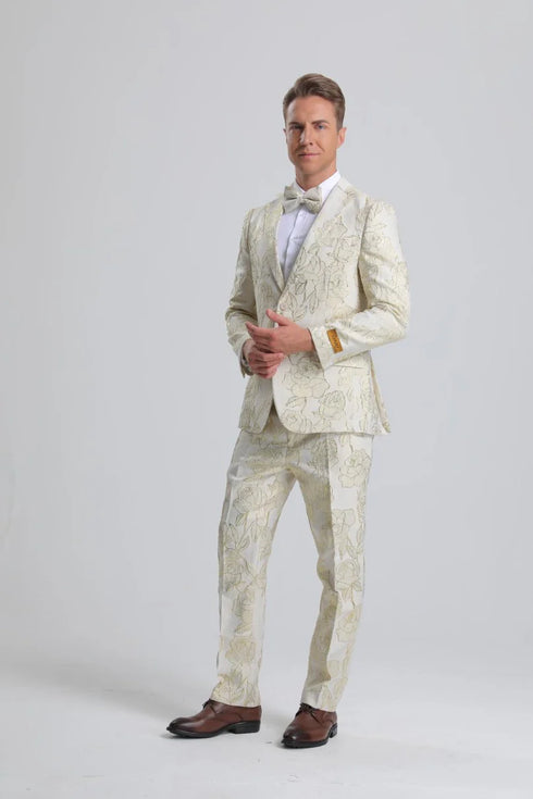 Men's Ivory & Gold Floral Paisley Prom Tuxedo