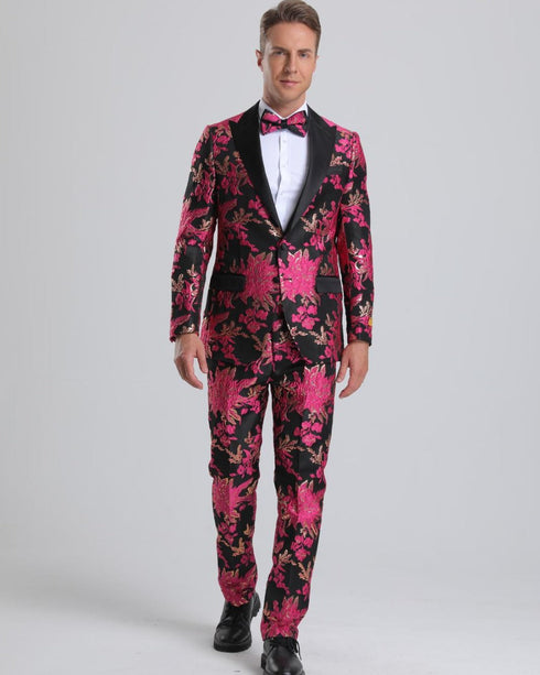 Men's Fuchsia Pink & Black Floral Paisley Prom Tuxedo Pink Prom Tuxedos