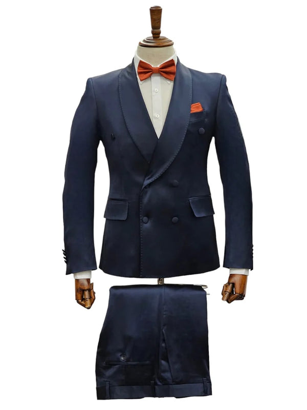 Double Breasted Tuxedo Suit  - Slim fitted Suit -  Navy Suit - Shawl Collar