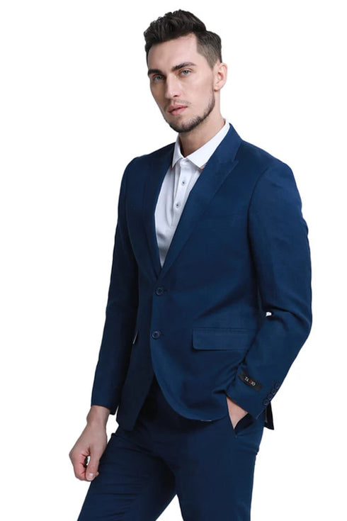 Men's Two Button Peak Lapel Summer Linen Style Beach Wedding Suit in Navy Blue