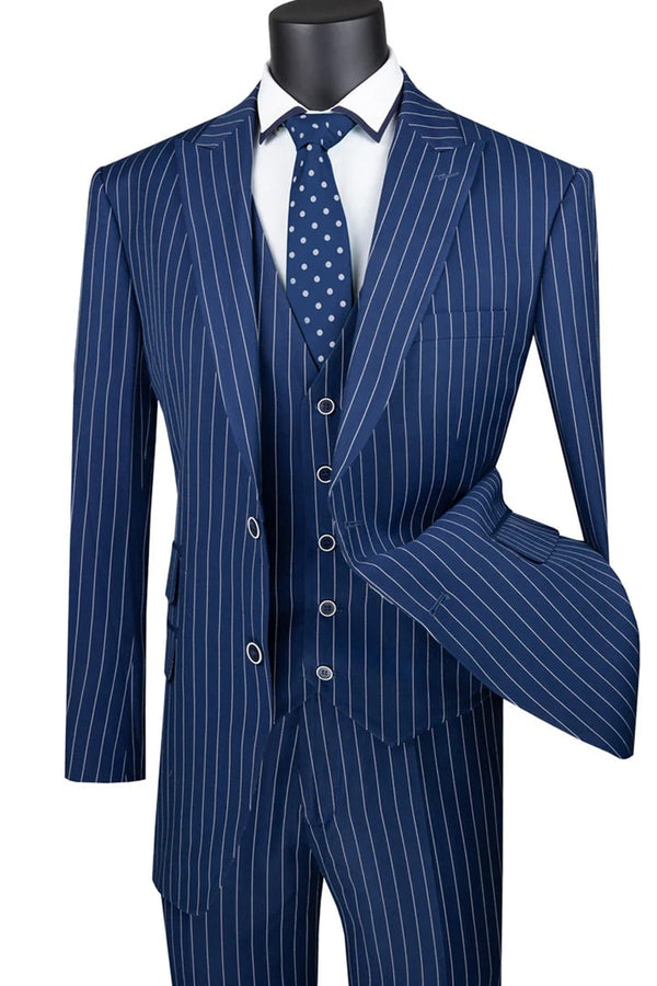 Mens Vested Bold Gangster Pinstripe Navy Suit