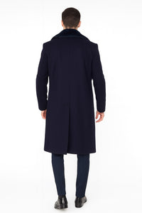 Mens Navy Blue Overcoat with Faux Fur Collar – Luxury Long Winter Coat for Formal and Casual Wear Topcoat