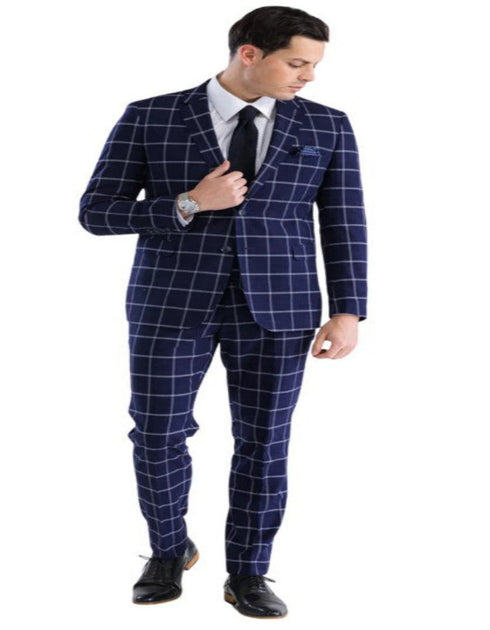 Mens Plaid Suit - Windowpane Pattern With Vest - Business Suit Navy