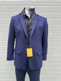 Mens Navy Cashmere and Wool Blazer with Quilted Zip-Up Inner Layer - Two Button Style Notch Lapel