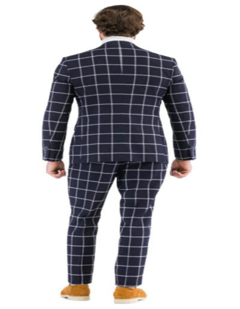 Mens Plaid Suits - Windowpane Pattern With Vest -Business Suit Navy