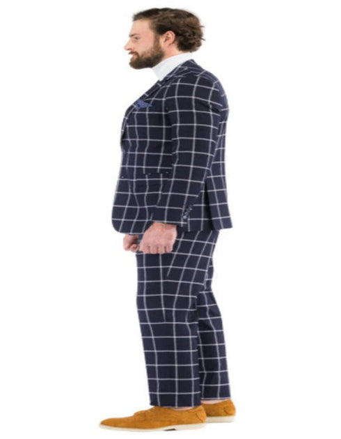 Mens Plaid Suits - Windowpane Pattern With Vest -Business Suit Navy