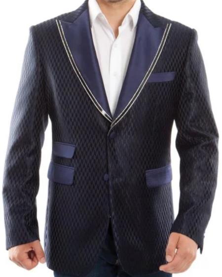 Navy Blue And Gold Trim Tuxedo Dinner Jacket - Navy Blue Mens Blazer