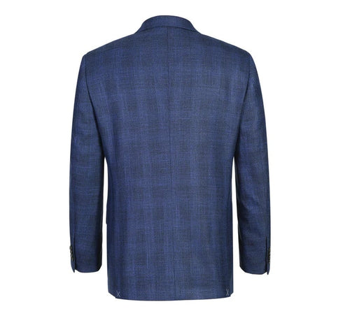 Mens Two Button Classic Fit Sport Coat Navy Blue Windowpane Plaid Blazer