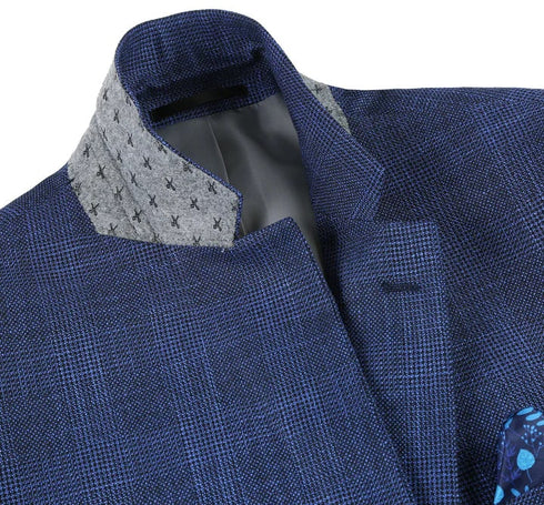 Mens Two Button Classic Fit Sport Coat Navy Blue Windowpane Plaid Blazer