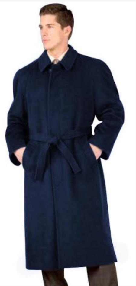 Full Length Belted Style Mens Raglan Overcoat - Wool Fabric Belted Four Button Navy Blue Coat