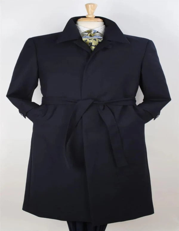 Mens Black Diamond Solid Navy Blue 100% Wool Gabardine Belted Duster Overcoat