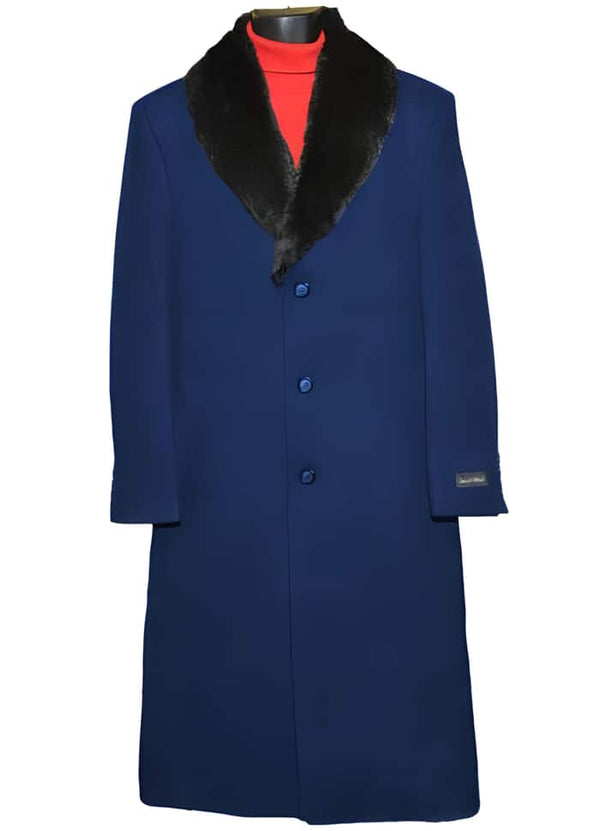 Men's Dress Coat (Removable ) Fur Collar 3 Button Wool Full Length Overcoat ~ Long men's Dress Topcoat - Winter coat 65% Wool Full Length Fabric Also Navy Blue