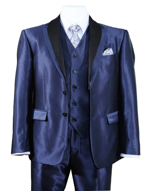 Blue Wedding Tuxedo - Mens 2 Button Vested Slim Fit Shiny Sharkskin Navy Blue Tuxedo Suit