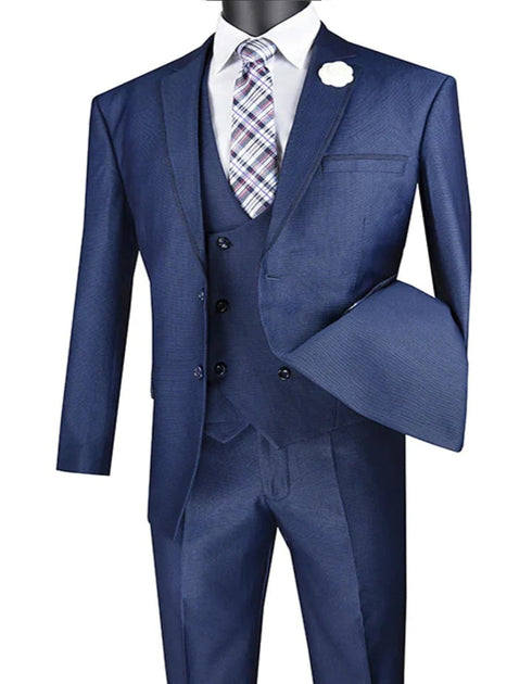 Blue Wedding Tuxedo - Men's Modern Fit Tuxedo Suit with Double Breasted Navy Blue Vest